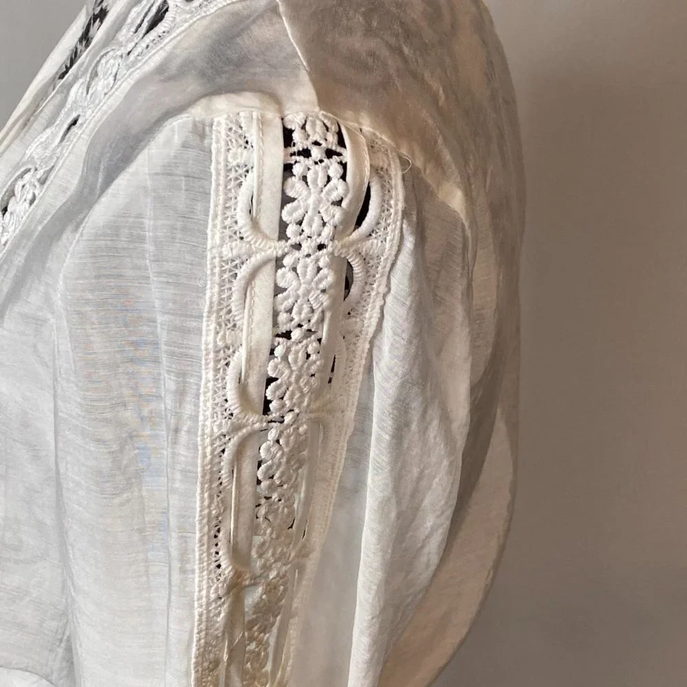 Elan Crochet Tie Front Crop Top White lightweight bell sleeve tie front. Size L - Picture 9 of 12